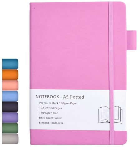 Carnet en Pointillé A5, Couverture Rigide, Journal à Pointillés avec Papier épais de 100 gsm, Poche Intérieure, Bande élastique, Couverture en Similicuir, 192 Pages, 14,5 x 21,3 cm (Fuchsia))