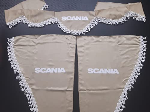 Set 3 Rideaux décoratifs en Peluche avec Pompons Blancs pour camions Scania R S P L (Beige)