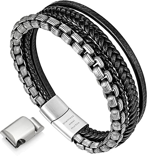 murtoo armband herren lederarmband herren lederarmband für männer edelstahl armband(schwarz,silber,23cm)