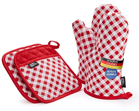 LauterSchutz® pot holders and oven gloves in a set - made of recycled cotton (Red)