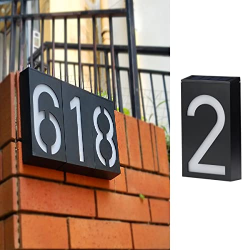 TINYOUTH Solar House Number - Number 2, Door Number Plaques Light for Wall, 6 LED House Numbers Plaque with Lights, IP55 Waterproof House Finder for DIY House Sign