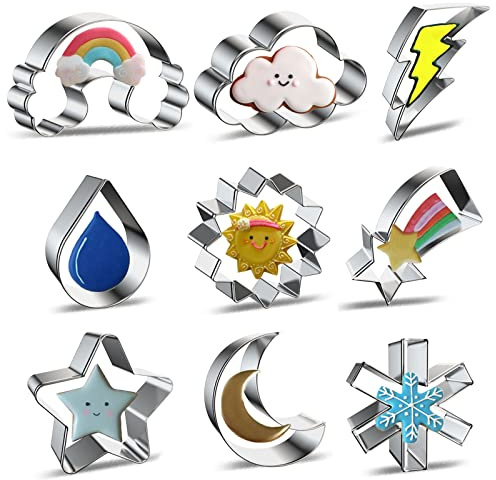 Weather Cookie Cutter Set for Baking - 9 Piece - Rainbow Cloud Lightning Bolt Raindrop Sun Shooting Star Moon Snowflake Cookie Cutters Shapes Molds for Kids Holiday Birthday Party Supplies Favors