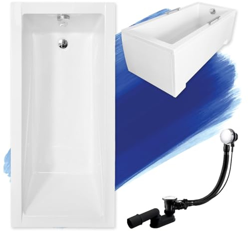Baignoire originale BADLAND en acrylique 180 x 80 cm - Blanc - Rectangulaire - Kit complet - Tablier en acrylique - Siphon - Pieds de baignoire - Design moderne - Bonde de vidange en chrome - Fabriqué