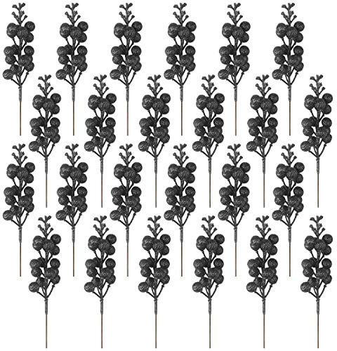 Fangoo 24 Stück Glitzer Schwarz Beeren Stiele,Künstliche Pflücken Glitzer Schwarz Beeren Zweige Weihnachtsbeeren Stiel Picks für Weihnachtsbaum DIY Basteln Hochzeit Ferienzeit Winter Dekoration