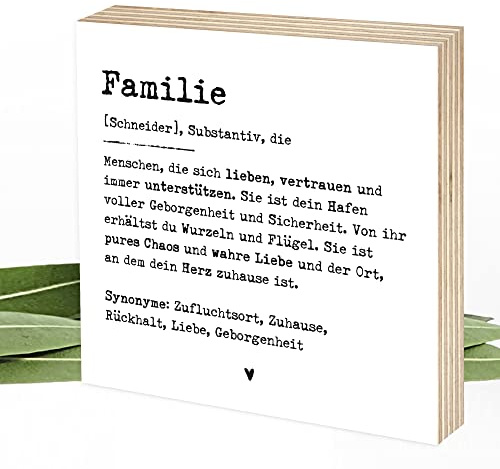 Wunderpixel® personalisiertes Holzbild Definition Familie - 15x15x2cm zum Hinstellen/Aufhängen, echter Fotodruck mit Spruch auf Holz - schwarz-weißes Wand-Bild Aufsteller Zuhause zur Dekoration