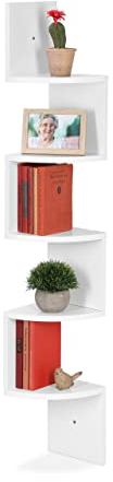 Relaxdays Eckregal, 5 Ablagen, HBT 122 x 19,5 x 19,5 cm, hängendes Bücherregal, Zickzack-Design, Wandregal, MDF, weiß