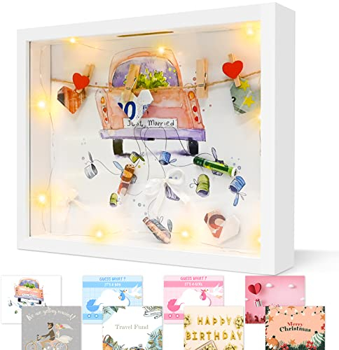 Ulikey 8 in 1 3D Bilderrahmen zum Befüllen, Spardose Personalisiert, Tiefer Rahmen mit Licht und Plexiglas, 3D Objektrahmen für Hochzeit Taufen Reisen Geburtstag, Geldgeschenk Hochzeit