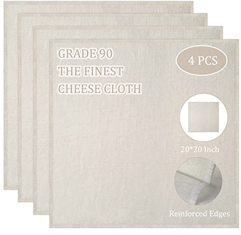Cheesecloth, Precut 20x20Inch, Grade 90 Hemmed Cheese Cloths for Cooking Reusable and Washable, 100% Unbleached Pure Cotton Muslin Cloths for Straining Butter, Cheese, Nut Milk (4 Pieces)