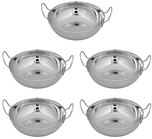 Jazooli Bowl Set - Dinner Set of 5 Stainless Steel Metal Curry Bowls, Balti Dish, Indian Food Serving Dishes with Handles, Kitchen Set Hot or Cold Food, 21cm Diameter Dishes Set