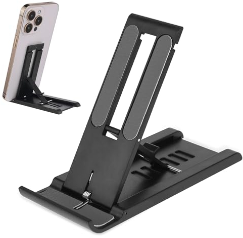 Amaxiu Cell Phone Stand, 6 Speed Foldable Cell Phone Holder Mini Portable Tablet Stand Desktop Mobile Phone Stand Cellphone Cradle Compatible Phone Tablets, Black