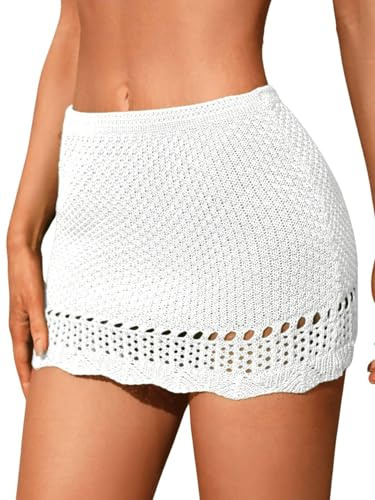 Milumia Women's Crochet Beach Mini Skirt Knit Scallop Hem Cut Out Bikini Swimsuit Cover Up Skirts White Large