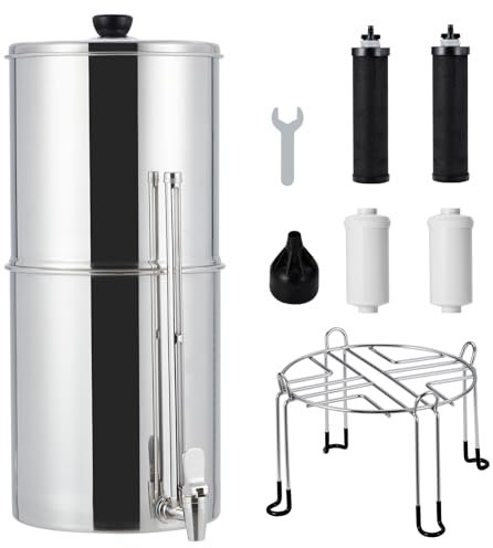 Système de filtre à eau alimenté par gravité, système de filtre à eau en acier inoxydable 2,25 G avec 2 filtres à charbon noir, 2 filtres au fluor, robinet de niveau d'eau en métal et support, pour la