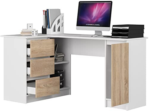 BDW Eckschreibtisch Links, 3 Schubladen und 4 Einlegeböden, viel Platz zum Ausbreiten, für Jugendzimmer, Büros und Ateliers, Computertisch, Arbeitstisch, Bürotisch, 155x77x91, Weiss/Eiche Sonoma