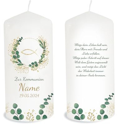 Bougie de communion personnalisable avec nom - Décoration de table - Cadeau de communion - Jolie bougie - Eucalyptus - Couronne de feuilles - Durée de combustion : 35 heures - Diamètre : 6,8 cm -