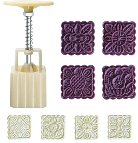 Mooncake Mold,Asudaro 4Pcs Stamps 125g Square,Flower Pattern Mooncake Biscuits Stamping Mould for Baking DIY Cake Cookie Biscuit Dessert