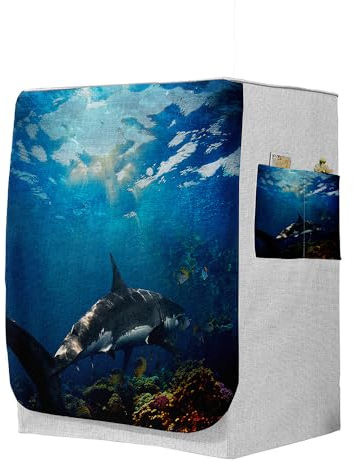 Highdi 3D Housse de Protection pour Machine à Laver, Chargement Frontal Housse à La Poussière avec Ouverture Frontale (Capacité S 6~7,5kg,Requin 5)