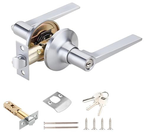 Qrity 1 Pack Door Handle Lever Lock Set, Entrance Door Handles with Key, Lever Door Handle Lock, Latch Size 60/70mm, Safe Lockset for Bathroom, Sliver
