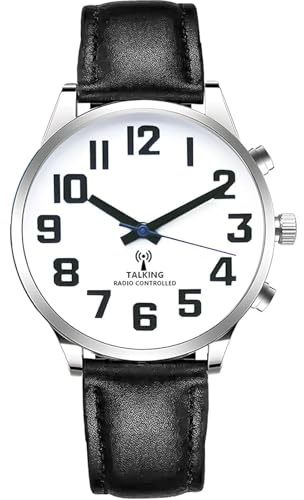 RUNCAR Atomic Montre parlante anglaise américaine parlante claire et forte, date et heure d'alarme Bracelet extensible pour personnes âgées, malvoyantes ou aveugles, noir, montre parlante