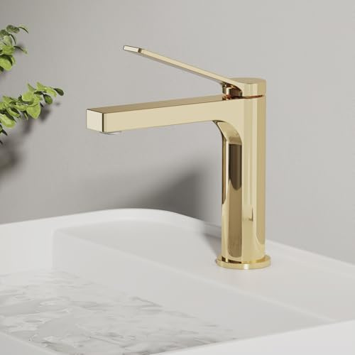 EMKE Wasserhahn Bad Champagnergold, 195 x 173 x 46 mm, Messing, Keramikkartusche, Badarmatur, Mischbatterie Waschbecken-Armatur einfache Installation, Wasserhahn mit Luftsprudler, Waschtischarmatur
