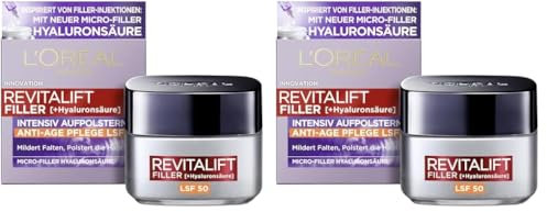 L'Oréal Paris Hyaluron Tagescreme mit LSF 50, Anti-Aging Gesichtspflege mit Micro-Filler Hyaluronsäure für Feuchtigkeit und Anti Falten Effekt, Revitalift Filler, 1 x 50 ml (Packung mit 2)
