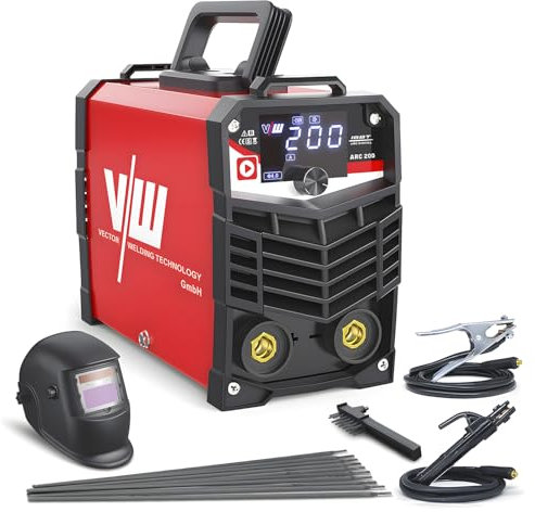 VECTOR WELDING ARC 200 Elektrodenschweißgerät Set- Schweißgerät Elektrode - Inverter Schweissgerät - Digitales Display - Inklusive Schweißhelm und umfassendem Zubehör (A2001D3)
