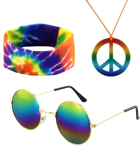 JRSHIRLEYLTD 3 Stück Hippie-Zubehör-Set, Hippie-Kleidung Zubehör, enthalten Stirnband, Halskette, Sonnenbrille, für Party, Geburtstag, Fancy Dress, Jugendliche, Bastler und Erwachsene