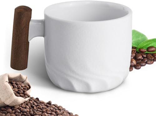 Vicloon Tazze Espresso, 70ml Tazze da Caffè Espresso Ceramica Set da Collezione in Porcellana Tazza in Ceramica con Manico in legno per Tè Caffè Campeggio Tazzine da Caffè Impilabili per Natale Bianca