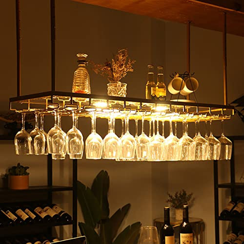 AYVADA Estante rústico para Vino montado en la Pared con luz y Soporte para Copas, Estante Ajustable para Colgar Copas de Vino en el Techo, Soporte para Botellas, estantes para Vino para Bar y coci
