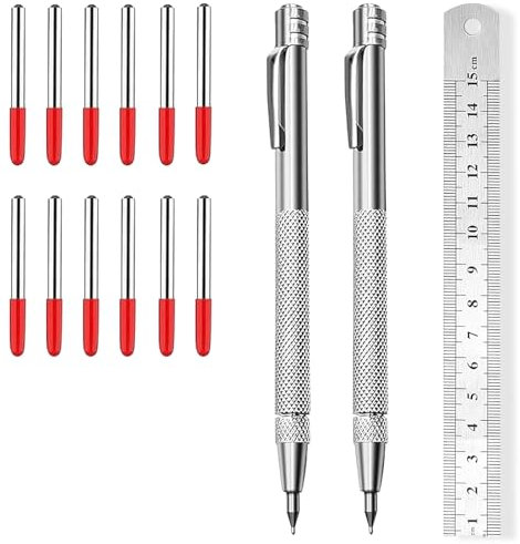 Weploda 2 Pièce Stylos En Carbure De Tungstène, Avec 10 Pointes De Marquage Rouges De Rechange Et Règle En Acier, Aiguille À Tracer En Métal Dur Avec Aimant, Pour Verre, Céramique, Acier Trempé