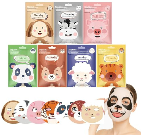 Sheet Face Mask Set – 7-Pack Hydrating & Moisturizing Facial Masks, Fun Animal Print for Kids & Girls, Soothing Skincare Sheet Masks for Women, Spa Party Supplies, Self-Care Gift, Beauty Face Mask Set