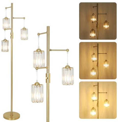 Rayofly Dimmable Floor Lamps for Living Room, 3-Lights Crystal Standing Lamps for Living Room, Gold Floor Lamp with Glass Lampshades, Modern Floor Lamp for Bedroom, Standard Tall Lamps for Office