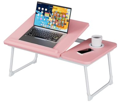Laptop Bed Table, Laptop Bed Desk with Foldable Legs & Cup Slot, Adjustable Trays, Book Holder Notebook Stand Tray for Bed,Sofa,Pink
