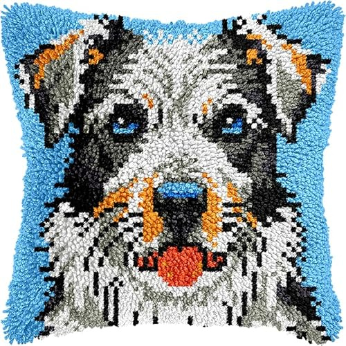 Kit de Almohada con Gancho para Adultos,Perro animal,schnauzer,Funda de Almohada Preimpresa,Hilos de Ganchillo,Kit Cojin Gancho de Pestillo,43x43cm
