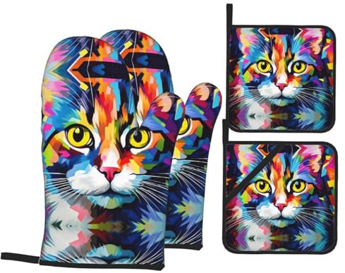 Ofenhandschuhe und Topflappen mit Katzenmuster, 4-teiliges Set – Back-Isolationshandschuhe, praktische Küchenwerkzeuge