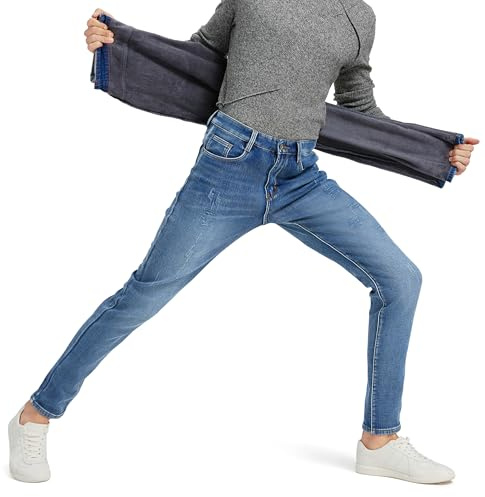 ziilay Gefütterte Destroyed Jeans Herren – Thermojeans mit Fleece Warm Stylisch Ripped Patched Denim Bequemer Tapered Slim Fit Streetwear 801SXBL 32W32L