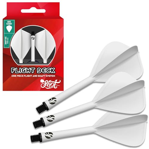 Shot! Darts Flight Deck One Piece Dart Flight and Shaft System, Reduced Deflections, Kite Shaped Flight (350 Micron) Available in Set of 3 (White, Short)