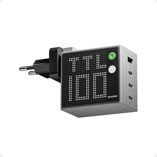 SHARGE Pixel 100, 100W Cargador USB-C GAN con 4 Puertos y Smart Display | Carga Rápida Multidispositivo para Viaje/Oficina, Compatible con MacBook Air, iPhone 17/16/15 e iPad