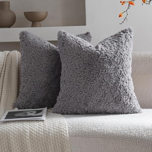 Neelvin 2er Set Kissenbezug Kunstpelz Pelz Plüsch Dekorative Kissenbezüge Sofakissen Kuschelig weich Couchkissen Dekokissen für Couch Sofa Wohnzimmer Schlafzimmer Dunkel Grau 60 x60 cm