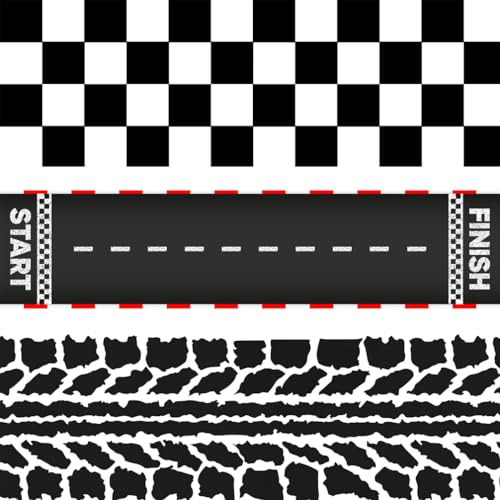 FUNSHOWCASE Décoration de gâteau Comestible Race Car, Drapeau à Damier, Piste de Course, Bordure de Pneu, 30x10cm par Feuille