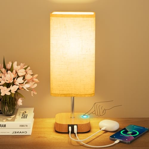 Suright Bedside Lamps, Touch Lamps Bedside with USB A+C Charging Ports, Stepless Dimmable Table Lamp, Small Lamp for Bedroom Living Room, with Linen Fabric Shade (LED Bulb Included)