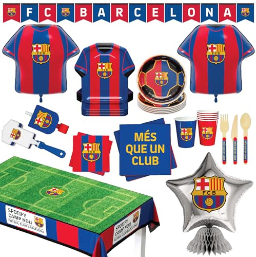 PartyDroid Barcelona FC - Juego de suministros oficiales para fiestas, kit de decoración de fútbol de 77 piezas con globos y vajilla, sirve para 6 invitados