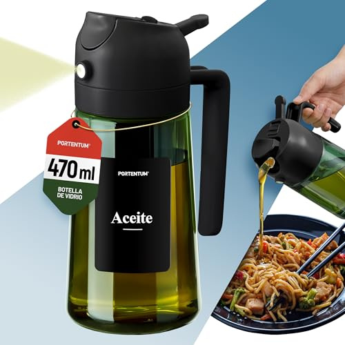 PORTENTUM Pulverizador aceite spray 470 ml 2 en 1 con función spray y vertido – Aceitera antigoteo vidrio verde con protección a la luz – Con etiquetas multidioma – Air fryer ensaladas y parrilla