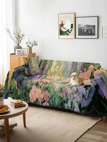 Spring Floral Sofa Cover Blanket Couch Covers for Armchair Cushion,Couch Sofa Silpcover with Tassel,Forest Leaves Trees Blossom Oil Painting Living Room Throw Towel Blanket Covers XX-L 71x150