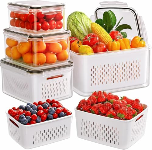 Ozric Luxury Fresh Food Storage Containers for Fridge - 3 Pack Fridge Storage Container with Drain Baskets - 4 In 1 Airtight Vegetable Storage Container for Salad Fruit Vegetables Meat Keeper Fresh