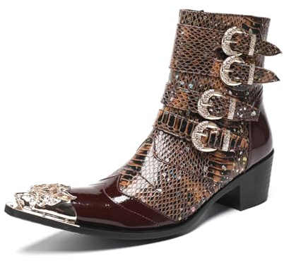 Yhsdfcn Botines de Hombre con 4 Hebillas - Botas Altas Western de Piel de Serpiente y Charol,Multi Colored,48 EU