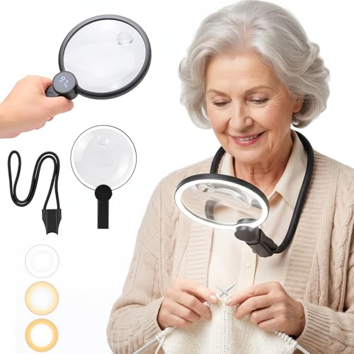 Hands Free Magnifying Glass with Light, 6X 8X Flat Strap Neck Magnifier with LED Display & 3 Color Light, 3 in 1Lighted Magnifier Glasses for Reading Hobbies Crafts Cross Stitch