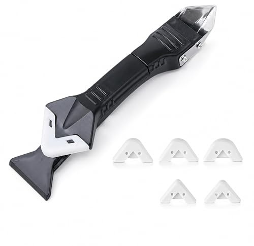 6 Pcs 3-In-1 Silicone Remover Tool, Professional Silicone Scraper, Sealant Remover Tool with 5 Replaceable Silicones Pads, Smoothing Tools, for Kitchen, Bathroom and Floor Sealing (Black, 1 Set)