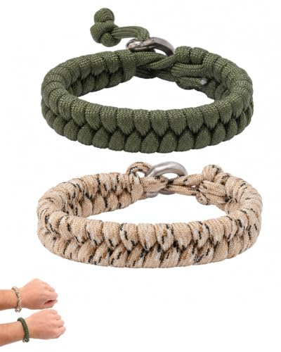XUKZIMA 2 Piezas Pulsera de Supervivencia Paracord Ajustable, Cuerda de Paracaídas para Emergencias, Kit de Supervivencia para Montaña, Senderismo y Outdoor (Verde Militar y Camuflaje)