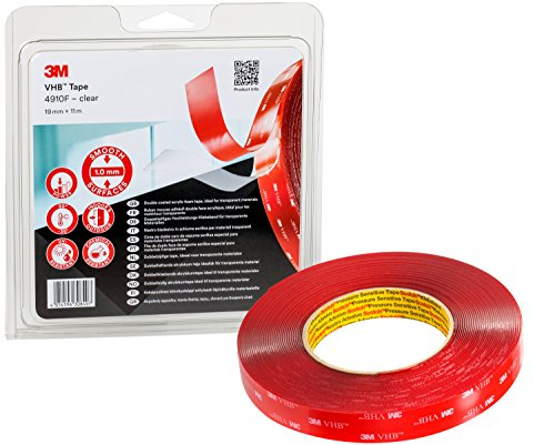 3M VHB 4910F Montage Klebeband doppelseitig - transparent, ermöglicht das Fügen transparenter Materialien mit praktisch unsichtbarer Klebstoffschicht - 19mm x 11m, Transparent, 1.0mm (1-er Pack)