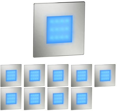 ledscom.de 10x LED Treppenlicht/Wandeinbauleuchte FEX für innen und außen, eckig, edelstahl, 85 x 85mm, blau